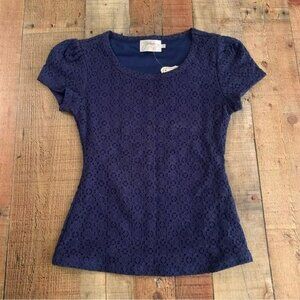 Yellowberry womens short sleeve cotton eyelet top in navy blue -XS